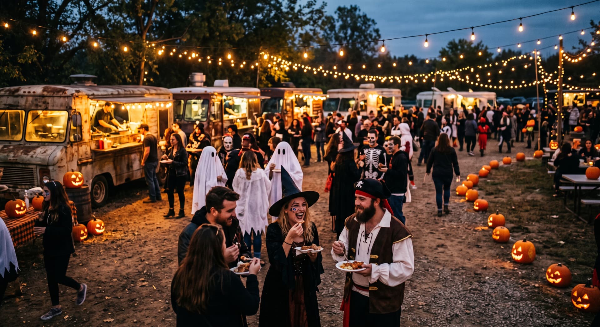 Halloween night food truck festival with costumed crowds, string lights and jack-o'-lanterns at Little Trail