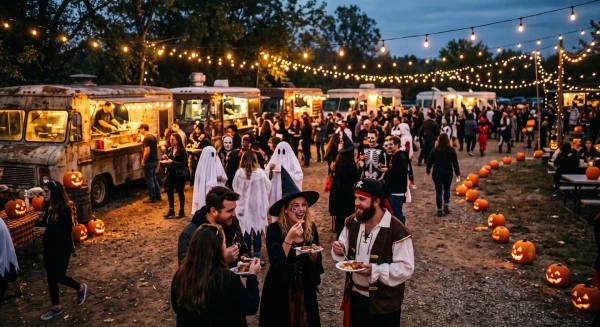 Guests in costume enjoying food trucks at outdoor Halloween festival